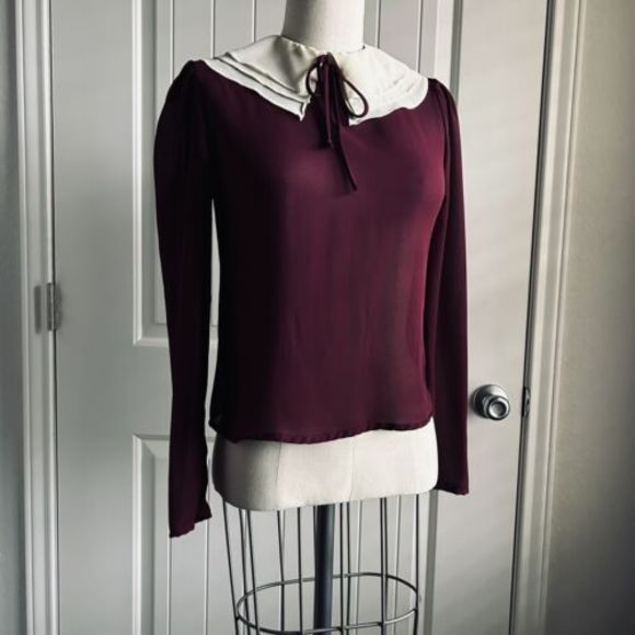 American Vintage Tops - Vintage Blouse Maroon Sheer‎ Size Small Tie Neck Cream Collar Button C’est Chic